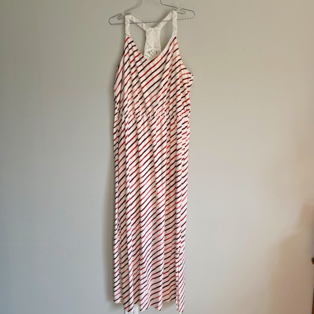 Long Pink Striped Maxi Dress Crocheted Straps Kismet Size Large